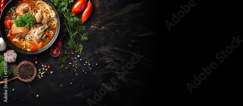 Copy space image of pasta soup with vegetables carrots tomatoes and herbs on a black textural background with chicken