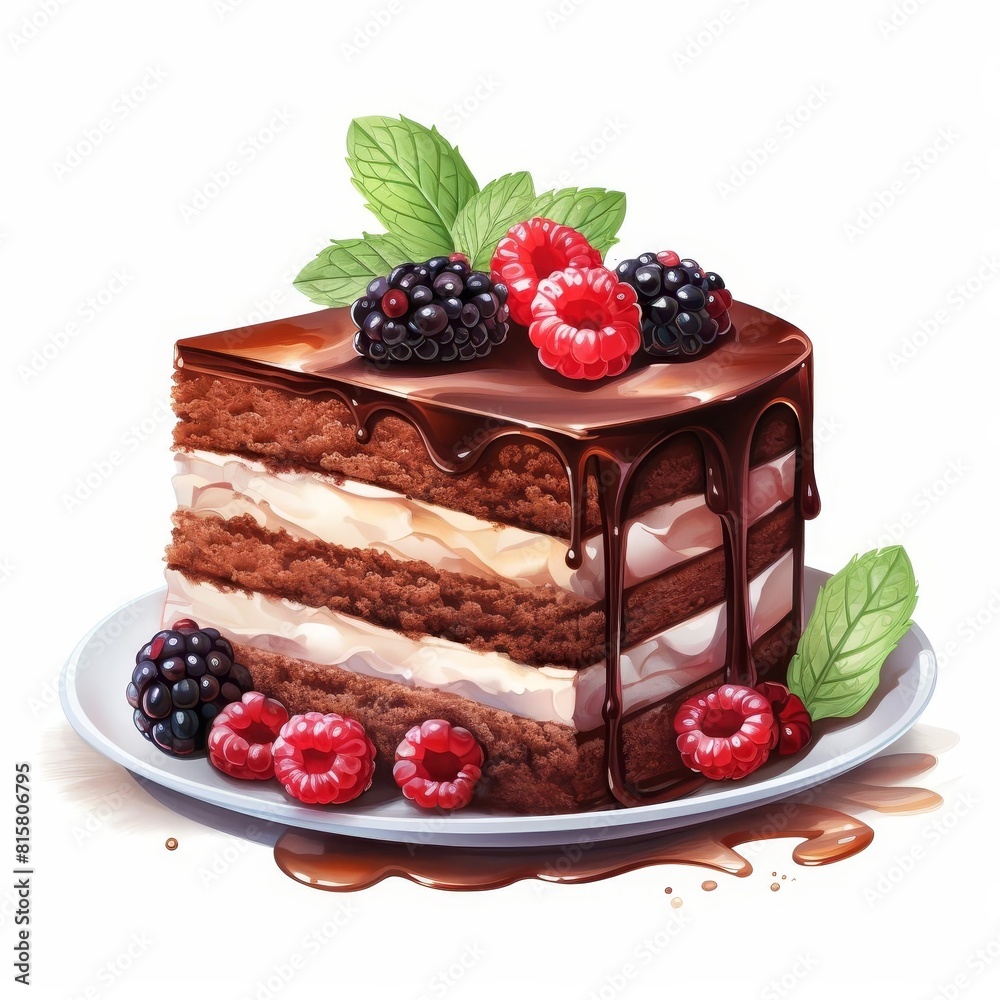 A piece of chocolate cake with raspberries and blackberries on top, and a mint leaf. The cake is on a white plate with a drizzle of chocolate syrup on the plate. A piece of chocolate cake with raspberries and blackberries on top, and a mint leaf. The cake is on a white plate with a drizzle of chocolate syrup on the plate.