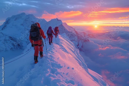 Team of climbers reaching summit together, success theme, dawn light, panoramic view