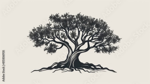 Root Of The Tree logo illustration. Vector silhouette of a tree, green forestry strong root tree logo, High detail illustration of an old olive tree, hand drawn, vector © Lisa_Art