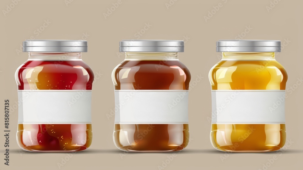 Modern realistic mockup of clear pots with preserve fruit, jelly, and honey in transparent bottles with steel caps and white labels. Modern realistic mockup of clear pots with preserve fruit, jelly, and honey in transparent bottles with steel caps and white labels.