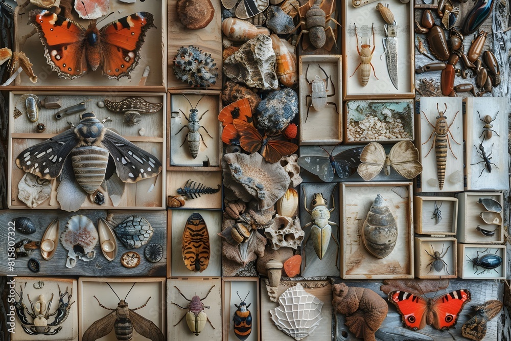 A collection of insects and bugs are displayed in a variety of boxes. The insects are of different sizes and colors, including a large red butterfly and a small brown bug