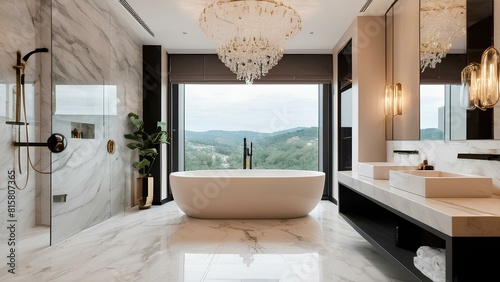 A large bathroom with a white bathtub and a gold shower head. The bathroom has a modern and luxurious feel