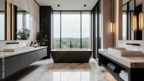 A large bathroom with a bathtub and sink. The bathroom is very clean and well-lit