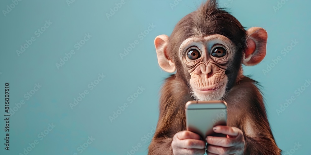 Curious Monkey Character Tracking Weather Patterns on Smartphone with Atmospheric Anticipation Curious Monkey Character Tracking Weather Patterns on Smartphone with Atmospheric Anticipation