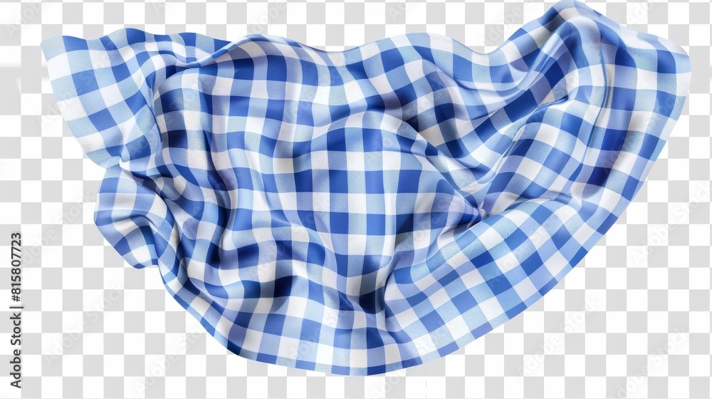 An isolated graphic of a gingham tea towel or tablecloth with a blue and white checkered pattern. A picnic napkin with a gingham print isolated on a transparent background. An isolated graphic of a gingham tea towel or tablecloth with a blue and white checkered pattern. A picnic napkin with a gingham print isolated on a transparent background.