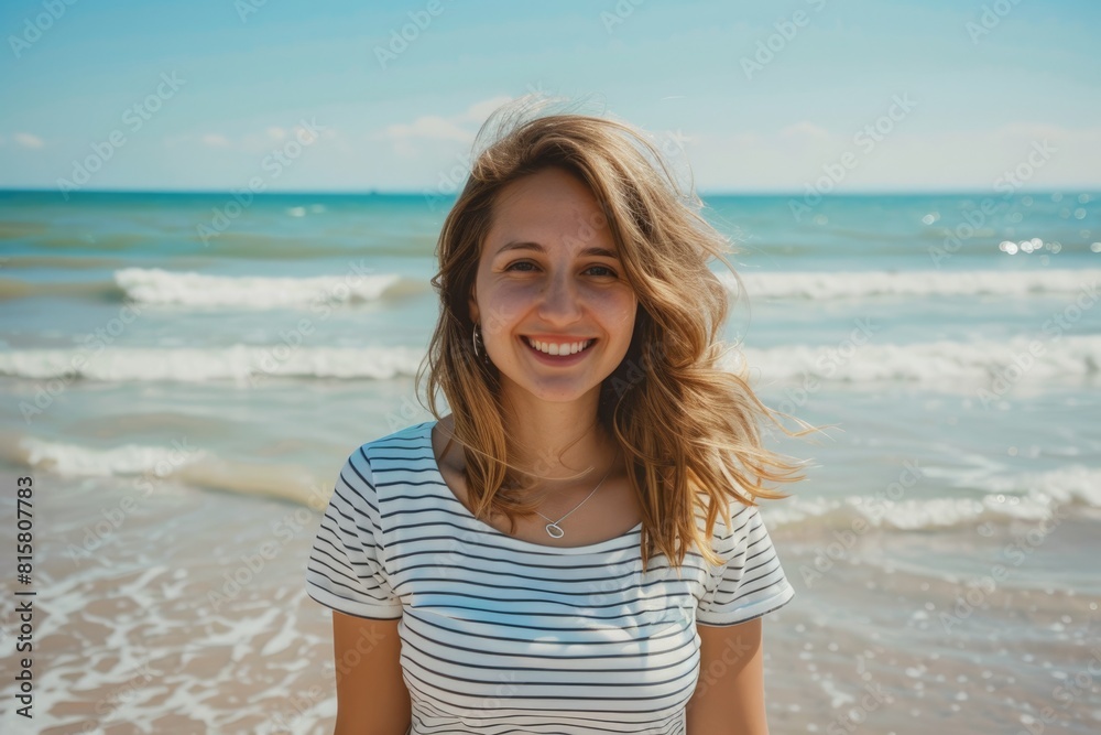 Happy middle aged woman enjoying beach in casual attire. Happy middle aged woman enjoying beach in casual attire.