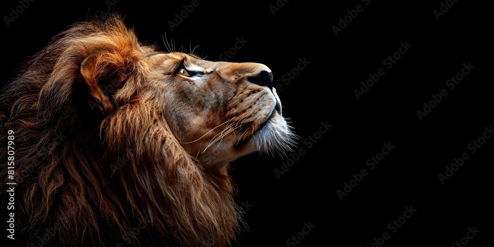 Fototapeta premium Powerful Lion in Contemplative Profile Set Against Dramatic Dark Background