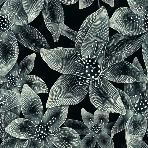 Elegant Monochrome Floral Pattern with Stippled Texture