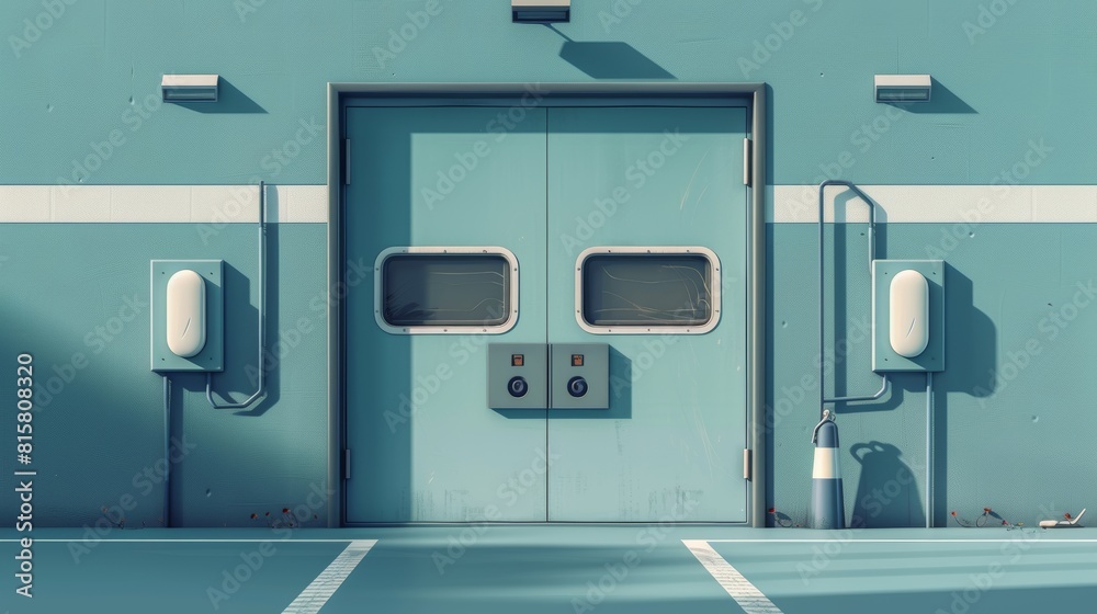 With rectangular windows, these doors are suitable for labs, kitchens, hospitals, schools, and food storage facilities. Technical double metal doorways, graphic elements, and realistic 3D modern