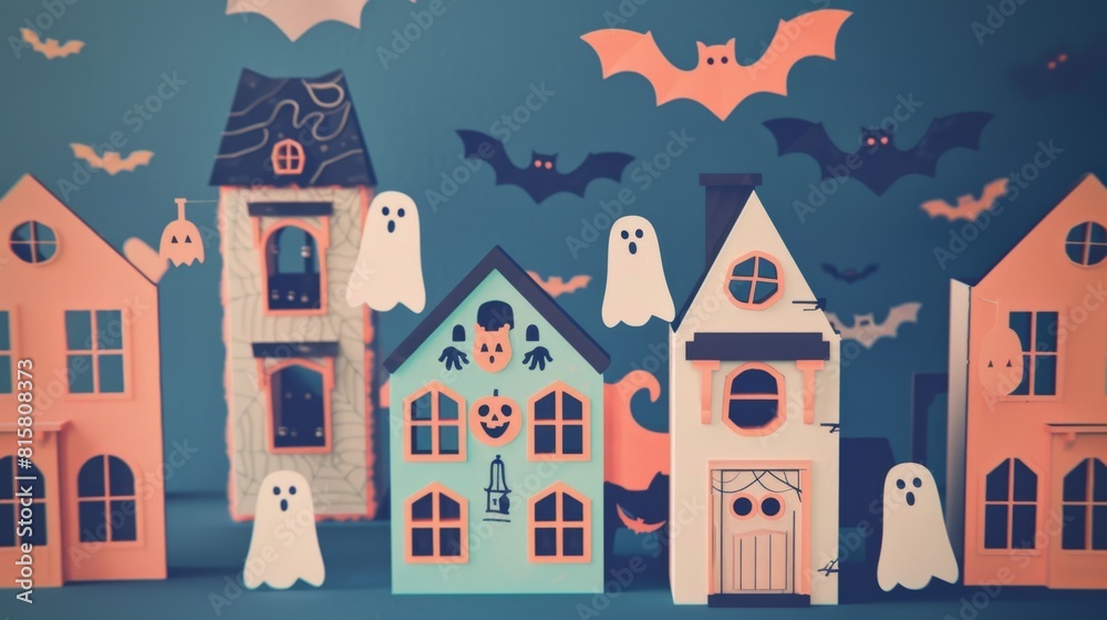 Festive Halloween Paper Craft Town with Ghosts and Bats