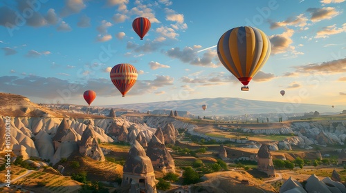A photo of hot air balloons floating over the Cappadocia region in Turkey, with its unique rock formations and vibrant colors. 