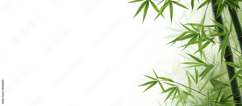 A vibrant Bamboo forest with lush green leaves is illuminated by natural light creating a stunning landscape The isolated bamboo leaf on a white background offers copy space for text ideal for banner A vibrant Bamboo forest with lush green leaves is illuminated by natural light creating a stunning landscape The isolated bamboo leaf on a white background offers copy space for text ideal for banner