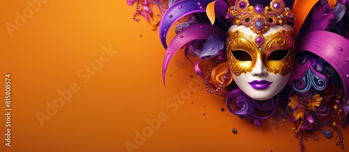 A vibrant flat lay featuring a close up of a Mardi Gras or Carnival mask on a bright orange and violet background The image offers ample copy space © StockKing