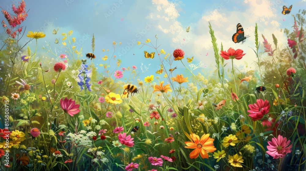 Summer. Meadow flowers on the field and blue clear sky with butterflies.