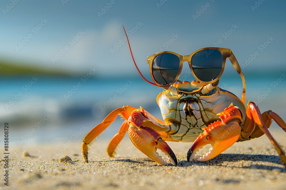 Crab wearing sunglasses sitting on a sandy beach Crab wearing sunglasses sitting on a sandy beach