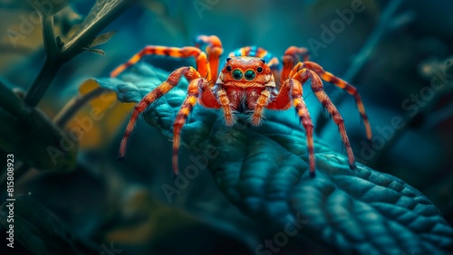 Close-up a vivid arachnid stands out against the lush green foliage. Concept of the intricate beauty and diversity of the natural world and emphasizing themes of biodiversity and ecological balance. photo