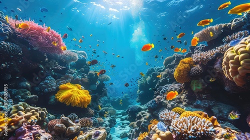 Underwater adventure scene with divers exploring a vibrant coral reef  natures underwater beauty  clear day