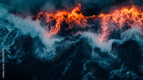 The red and orange lava pours into the dark ocean causing steam and smoke. photo