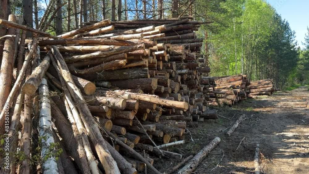 Pile pine tree logs in forest. Stacks of cut wood. Wood logs, timber logging, forest destruction. Forests illegal Disappearing. Environmetal and ecology, deforestation. Pile felled trees. Pine Lumber Pile pine tree logs in forest. Stacks of cut wood. Wood logs, timber logging, forest destruction. Forests illegal Disappearing. Environmetal and ecology, deforestation. Pile felled trees. Pine Lumber