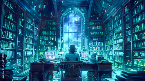 Mystical Library with Glowing Blue Portal at the Center