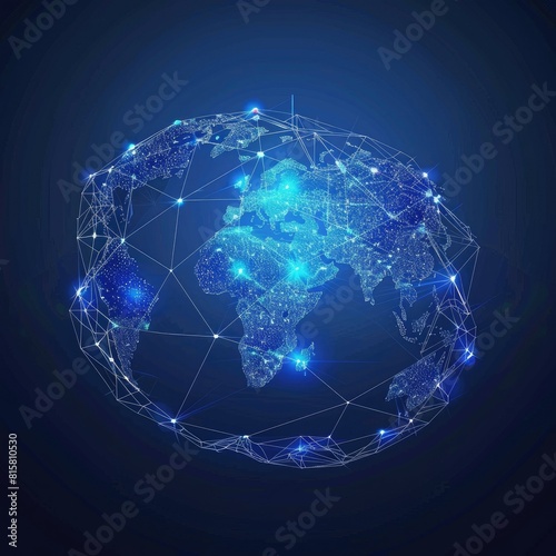 Vector. Map of the planet. World map. Global social network. Future. Blue futuristic background with planet Earth. Internet and technology. Floating blue plexus geometric background AI generated