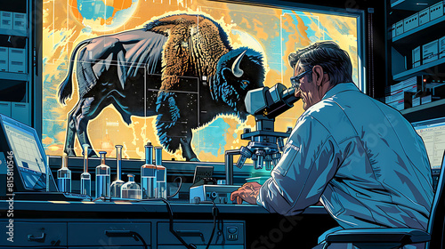 Scientist examining buffalo through microscope in futuristic lab photo