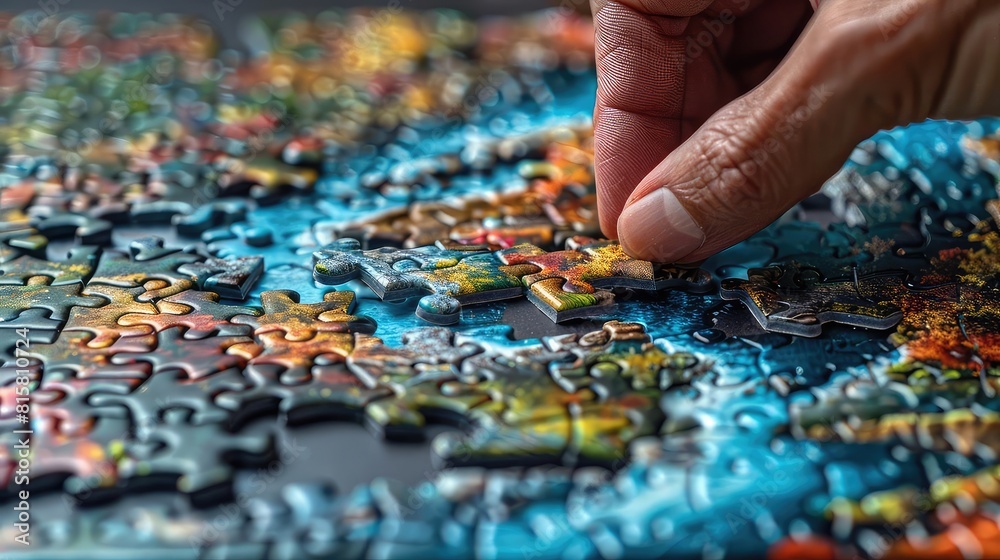 Waterthemed puzzle being solved near a tranquil lake, natural light, side angle Waterthemed puzzle being solved near a tranquil lake, natural light, side angle