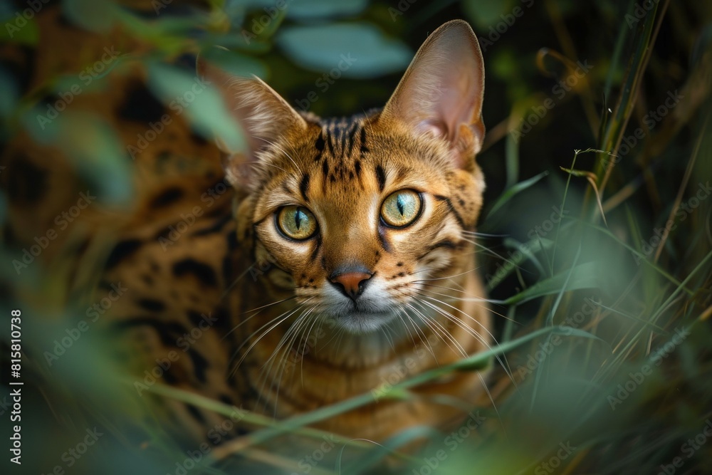 Playful Bengal cat forest pet. Kitty closeup. Generate Ai