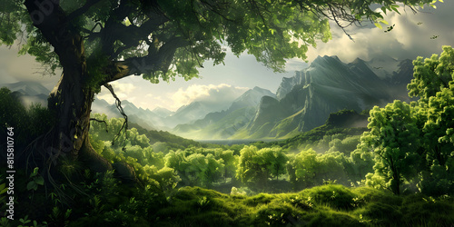 Enchanted forest landscape with majestic mountains