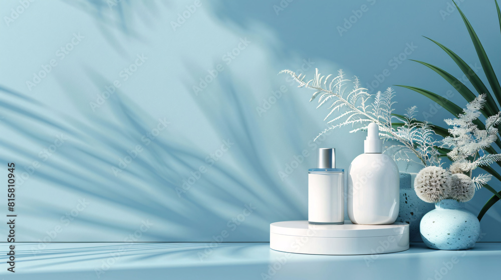 Minimalist Lotion Bottles with Natural Elements on Soft Blue Background Minimalist Lotion Bottles with Natural Elements on Soft Blue Background