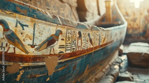 A fragment of an ancient Egyptian boat painted with hieroglyphs photo