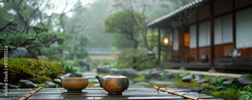 A beautiful photo of a traditional Japanese garden with a tea house in the background. The rain is falling gently, creating a peaceful and serene atmosphere.