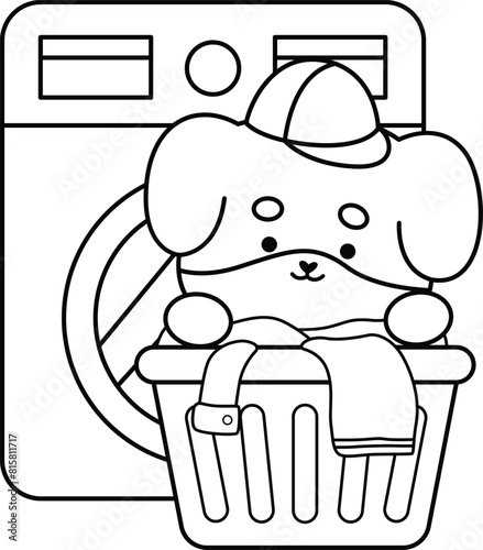 a vector of a cute dog with a washing machine in black and white coloring © Inkley