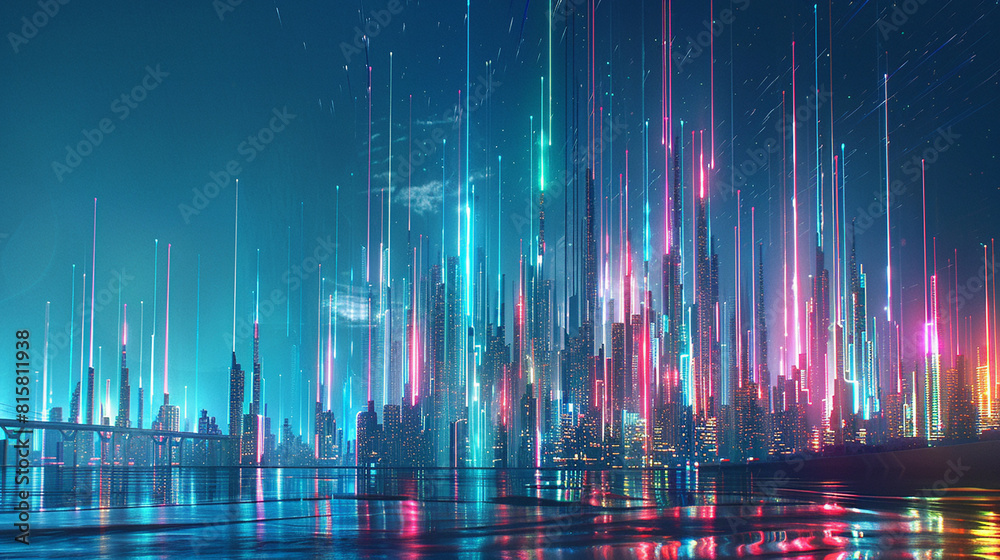 A futuristic city skyline aglow with the neon lights of advanced infrastructure and smart technology, blending seamlessly with the natural landscape.