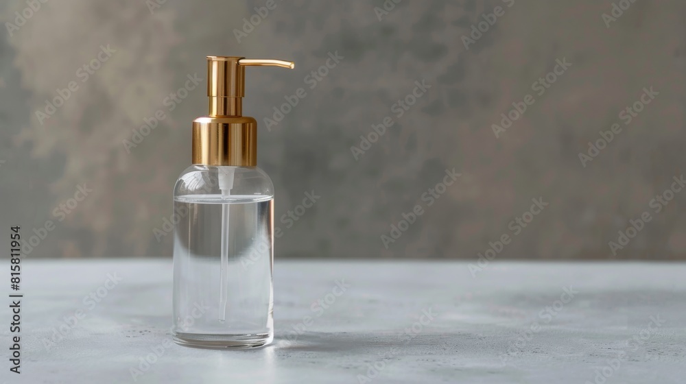 Beautiful clear glass pump bottle with gold pump on a minimalist grey backdrop, highlighting everyday beauty products Beautiful clear glass pump bottle with gold pump on a minimalist grey backdrop, highlighting everyday beauty products