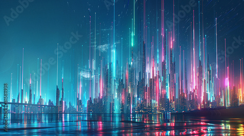 A futuristic city skyline aglow with the neon lights of advanced infrastructure and smart technology, blending seamlessly with the natural landscape.