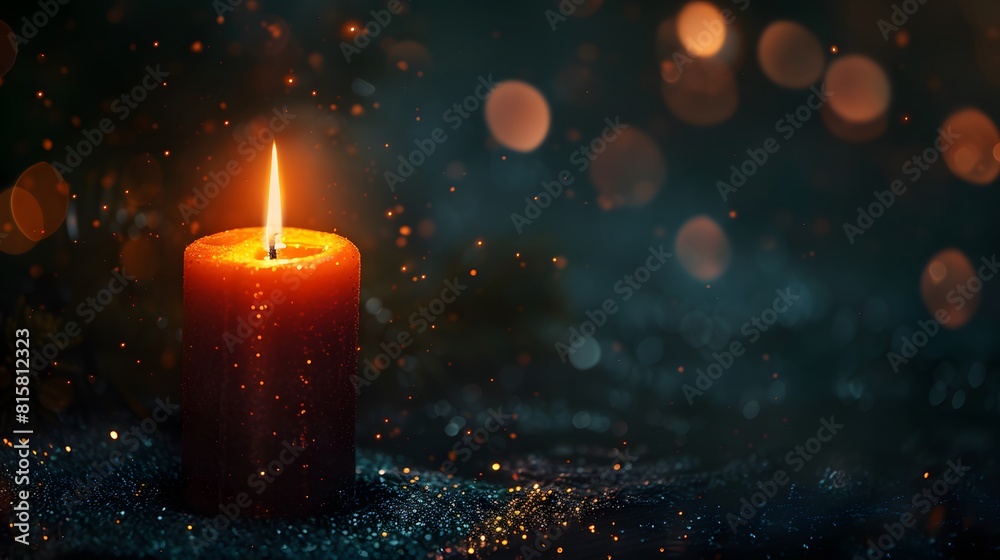 A single candle flickering softly against the darkness, casting an ethereal glow on a dark background with bokeh lights.
A single candle flickering softly against the darkness, casting an ethereal glow on a dark background with bokeh lights.