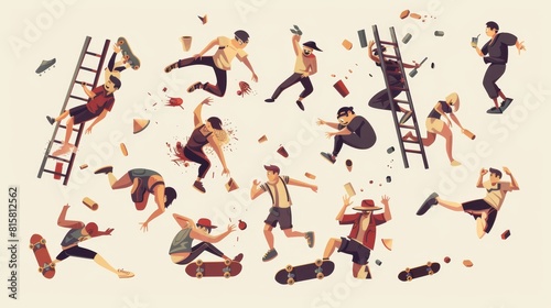 Physicians get hurt on skateboards, fall from ladders, break cups and hit the head of the door with their heads. Soft modern illustration of men and women characters falling, breaking cups, hitting photo