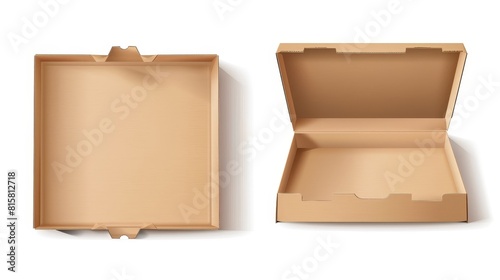 A brown craft cardboard pizza box 3D realistic modern illustration. Empty and closed carton package for fast food delivery. photo
