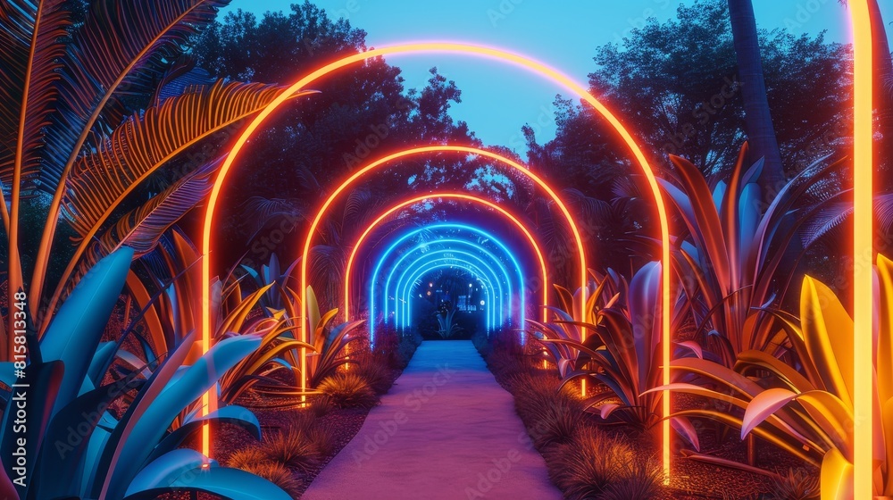 Neon Art of a secret urban garden at night, glowing plants and pathways under neon arches