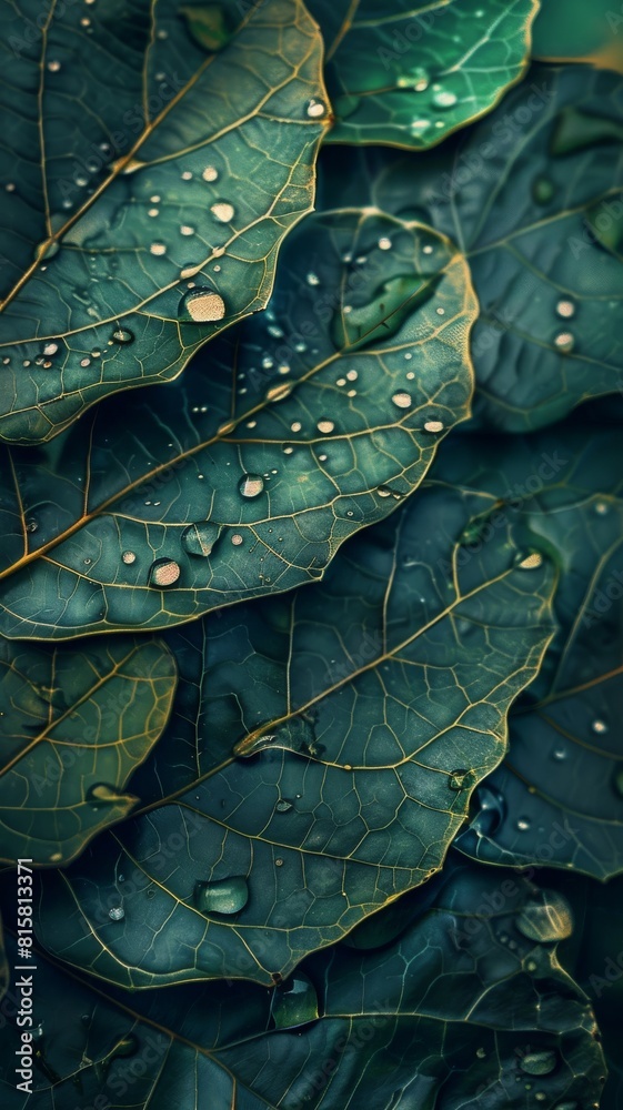Fototapeta premium Close-up of raindrops on dark green leaves.