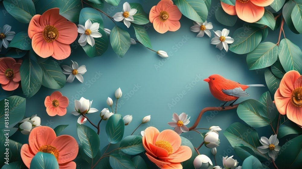 Fototapeta premium Aa beautiful bird sitting on a branch surrounded by colorful flowers. The background is a soft blue color.