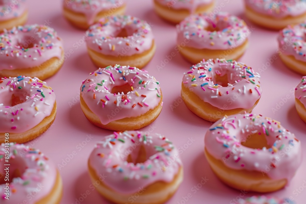 Rows of pink frosted donuts with colorful sprinkles on a pink background. The uniform arrangement and vibrant colors create a visually appealing and festive image, National Donut Day celebrations Rows of pink frosted donuts with colorful sprinkles on a pink background. The uniform arrangement and vibrant colors create a visually appealing and festive image, National Donut Day celebrations