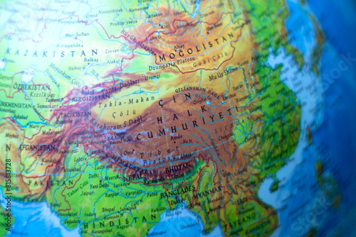 Part of the world map. Map focused on China. Country borders. 