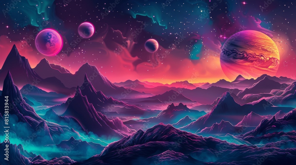 Fantasy alien landscape with vibrant colors and glowing planets in the ...