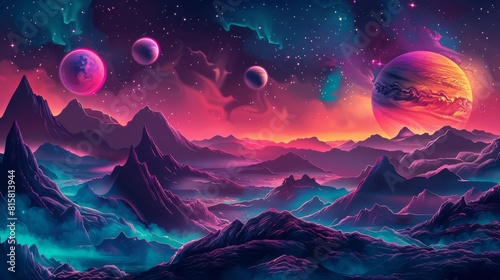 Fototapeta Naklejka Na Ścianę i Meble -  Fantasy alien landscape with vibrant colors and glowing planets in the sky.