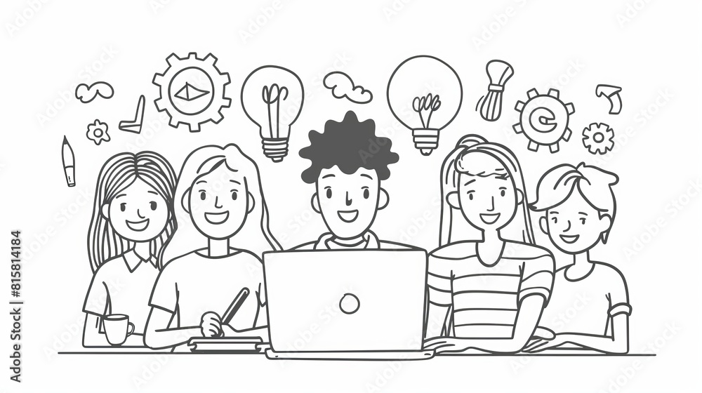 Modern doodle illustration of employees working together in the office. Teamwork, brainstorming, team meeting. Light bulbs and gears icons depict the concept. Modern doodle illustration of employees working together in the office. Teamwork, brainstorming, team meeting. Light bulbs and gears icons depict the concept.