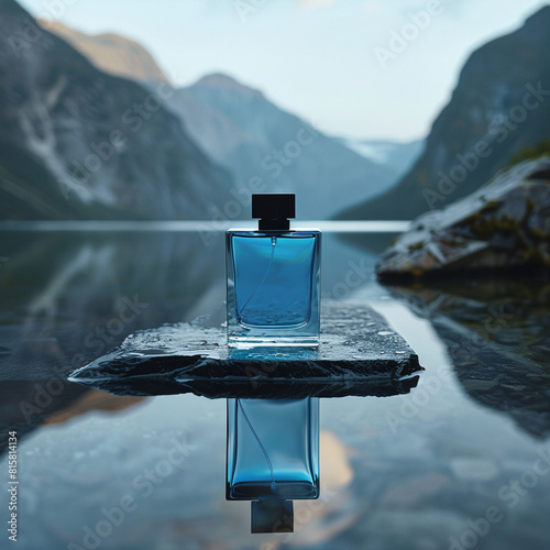 A bottle of blue perfume is placed on the blackstone in the nature photo