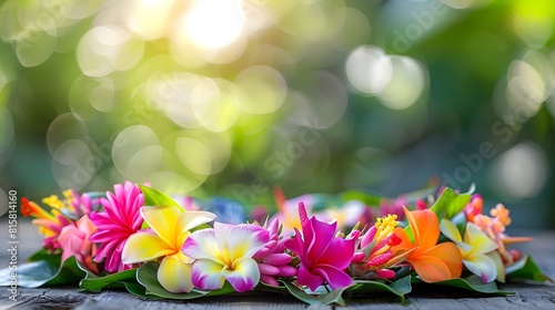 A vibrant Hawaiian lei made of colorful flowers and green leaves is displayed on an outdoor table with natural lighting. 
